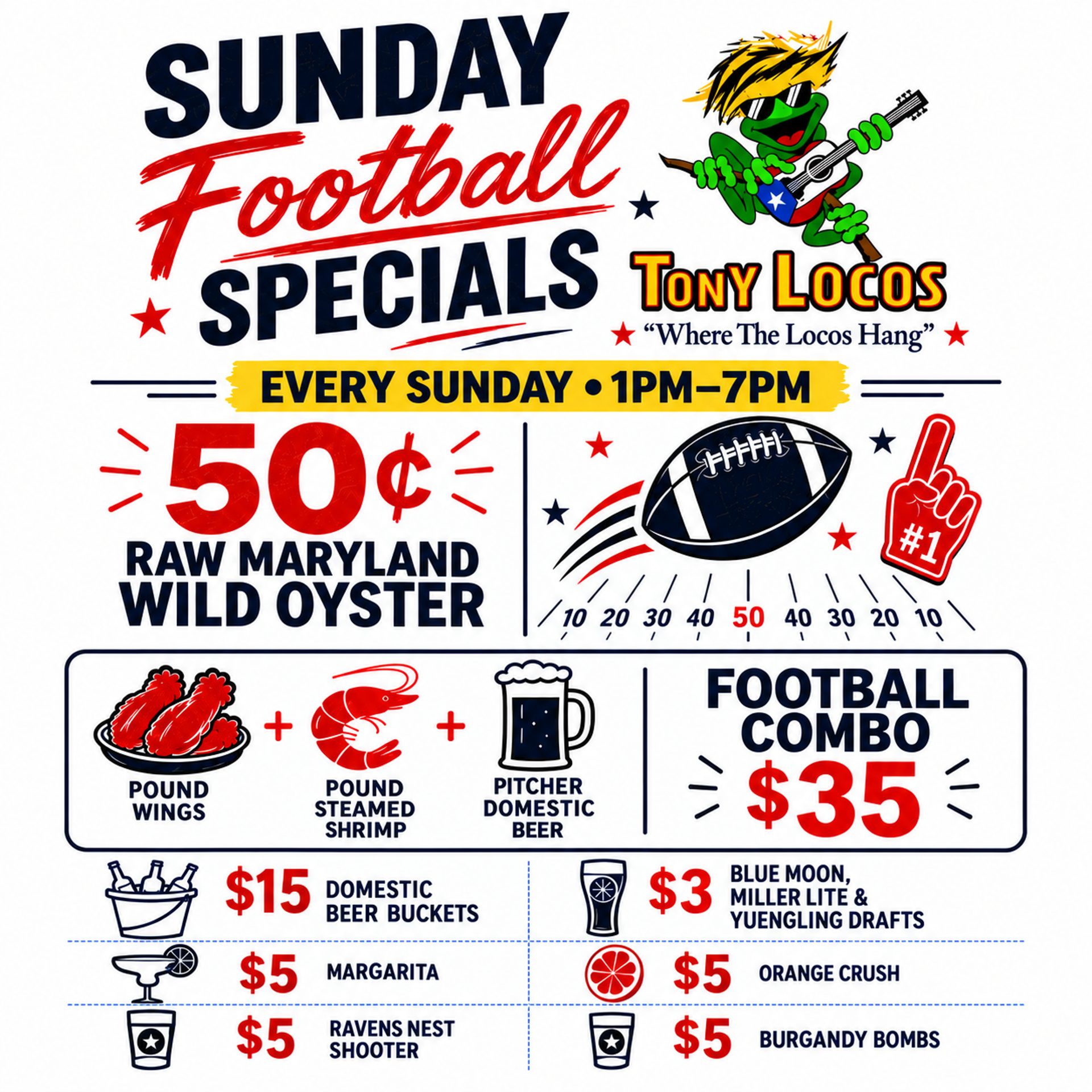 Sunday Football Funday featuring 50C MD raw oysters